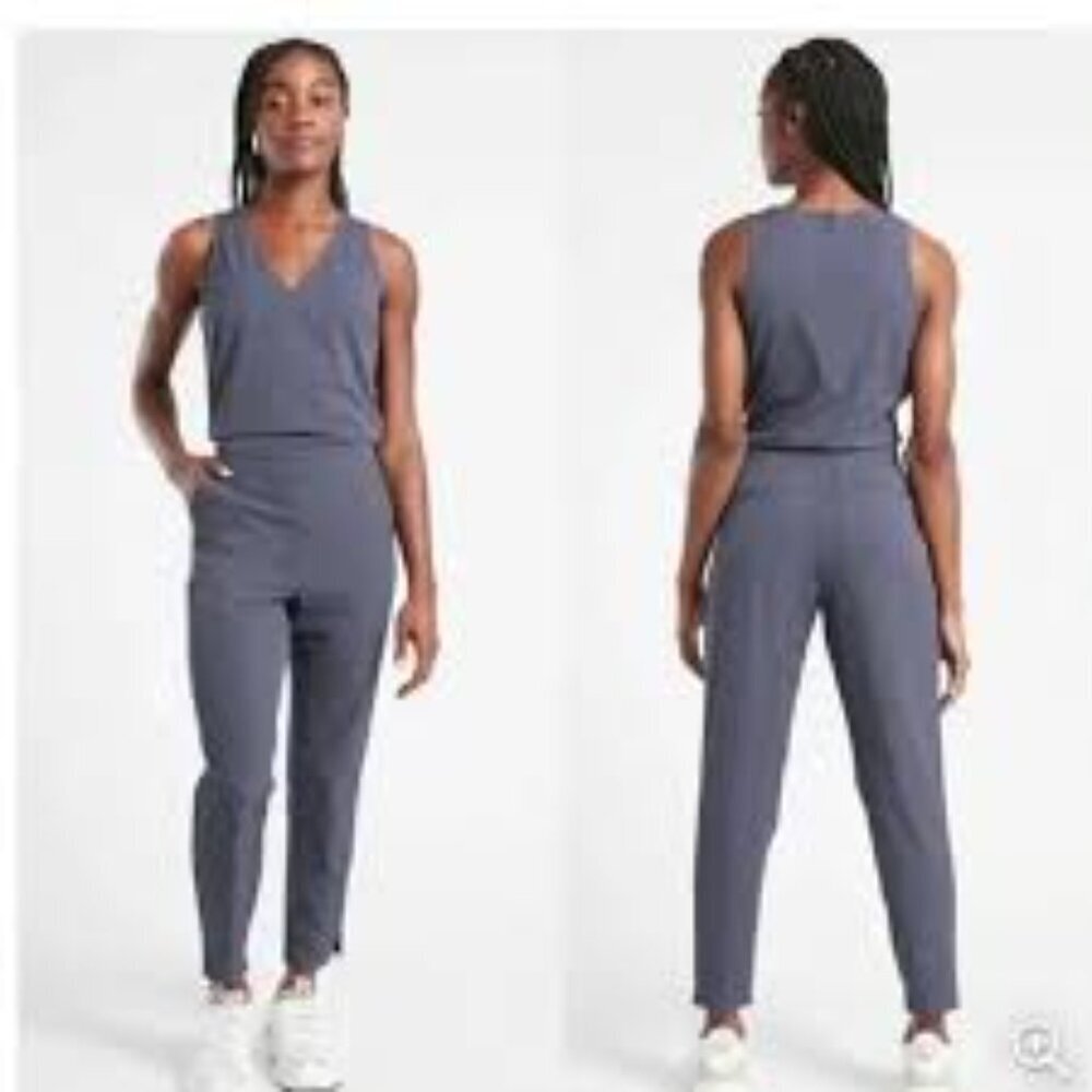 ✅ Athleta Blue Brooklyn Textured Jumpsuit Size 4 ATHLETIC OUTDOOR ELASTIC WAIST